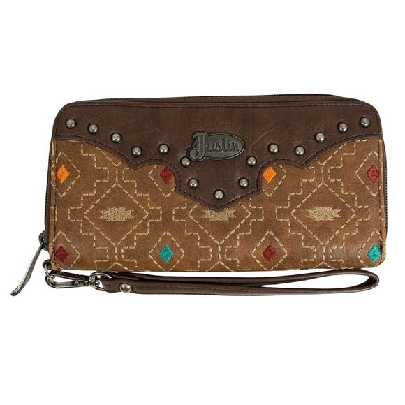 Justin Studded Embroidered Southwestern Zip Around Wristlet Wallet Clutch Womens - Picture 1 of 13